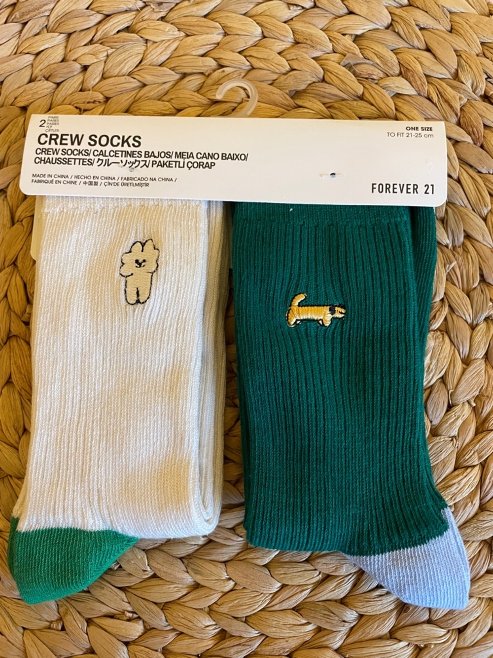 Forever 21 Green & White Crew Socks with Embroidered Characters